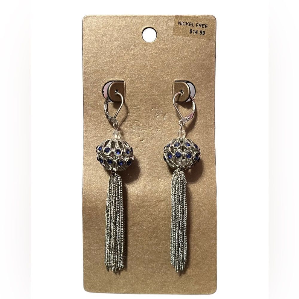 🤯5/$25🤯 Silver Tone Blue Rhinestone Tassel Dangle Earrings
